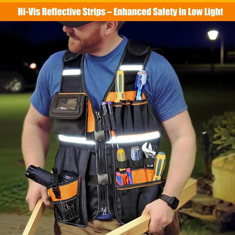 TooCust Tool Vest, Electrician Tool Vest for Men, 17 Compartments, Reflective Workwear with Drill Holster, Adjustable Waist & Upgraded Comfortable Neck Opening - Image 5